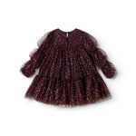 Dress in dark burgundy with sparkling dots and a voluminous tulle skirt