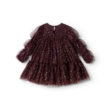 Dress in dark burgundy with sparkling dots and a voluminous tulle skirt