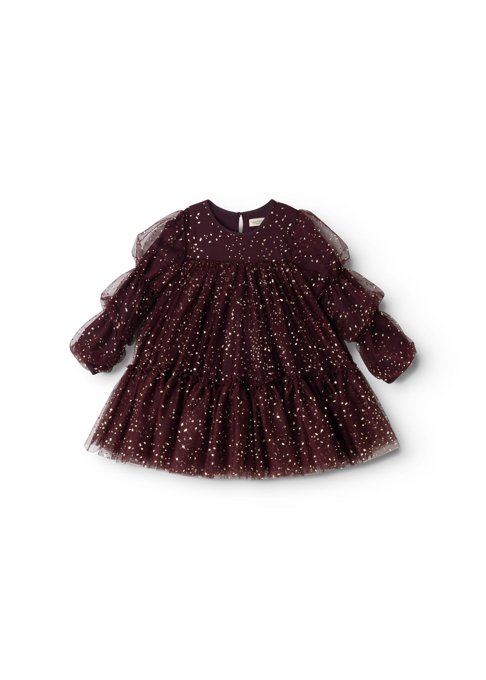 Dress in dark burgundy with sparkling dots and tulle skirt, long puff sleeves