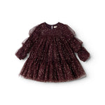 Dress in dark burgundy with sparkling dots and tulle skirt, long puff sleeves