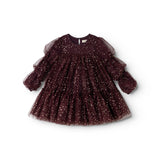 Dress in dark burgundy with sparkling dots and tulle skirt, long puff sleeves