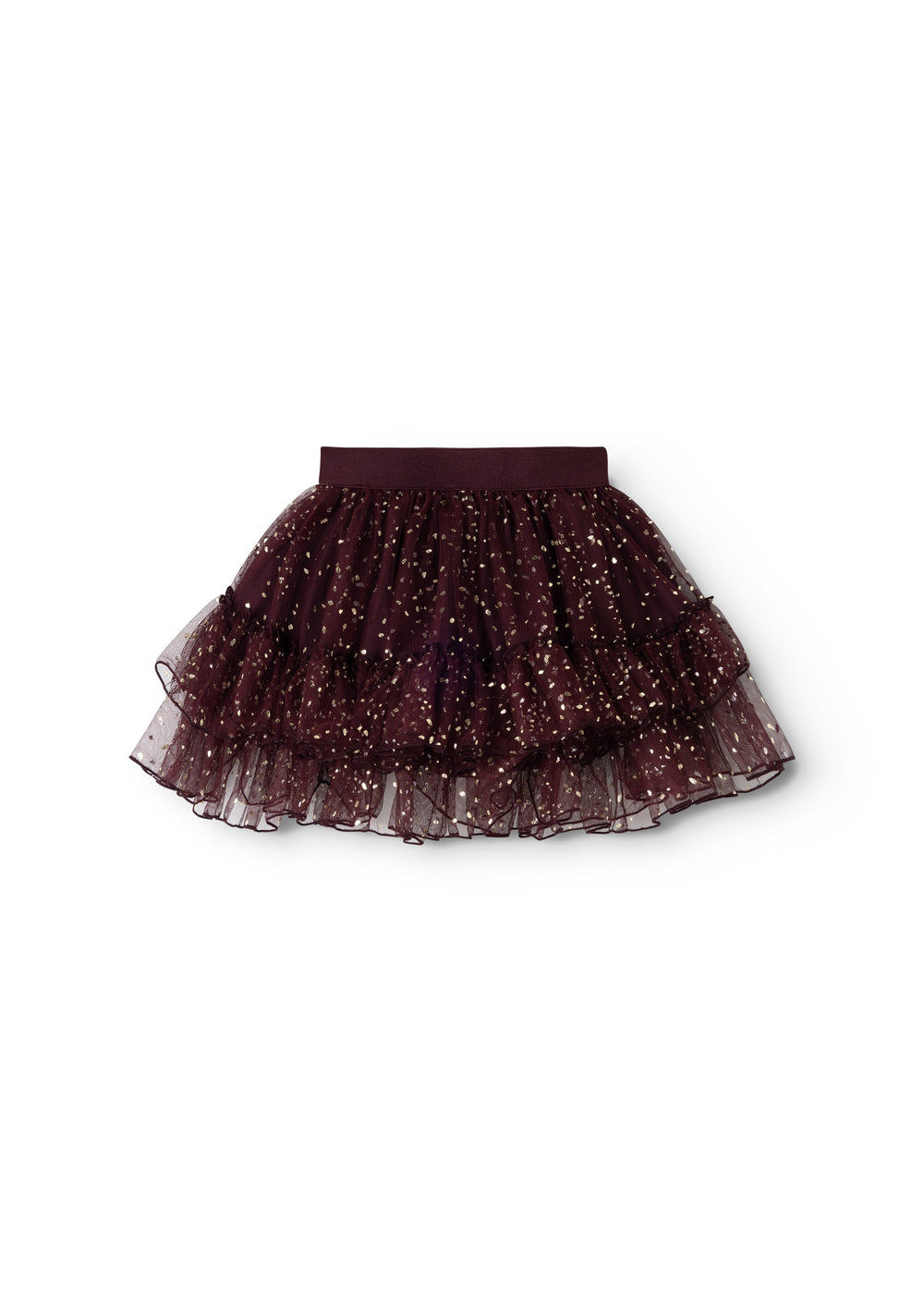 Children's tulle skirt in dark blackberry with flowing tulle layers and sparkling pattern