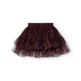 Children's tulle skirt in dark blackberry with flowing tulle layers and sparkling pattern