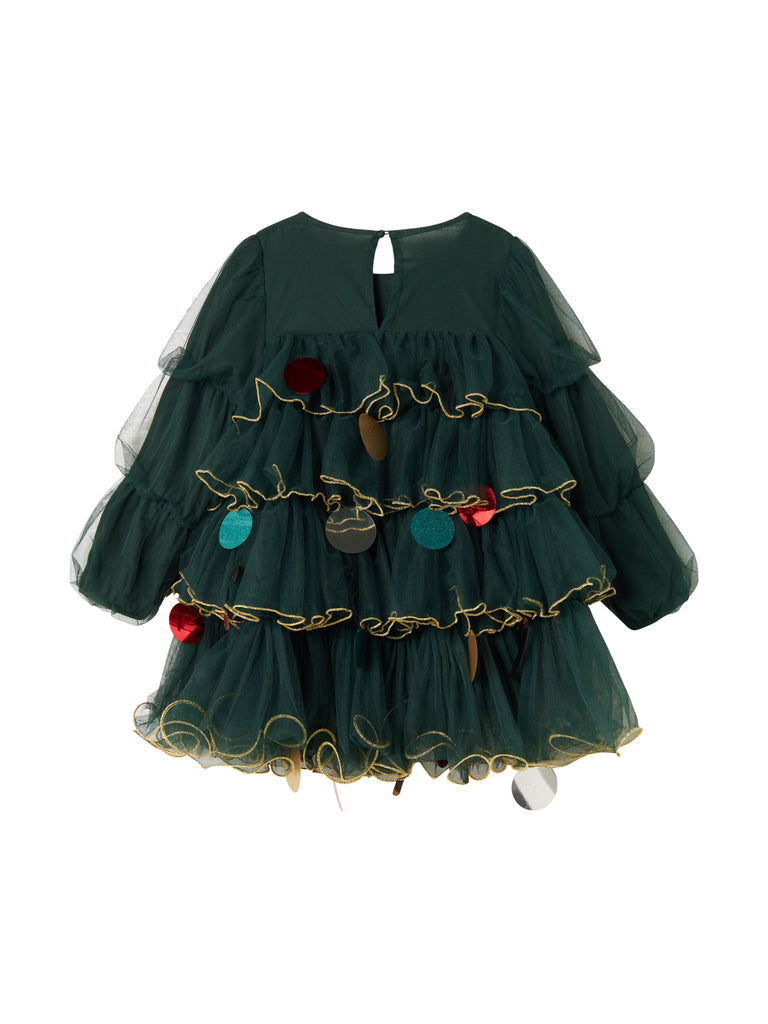 Dark green tulle dress for children with gold chain decoration and colored pendants