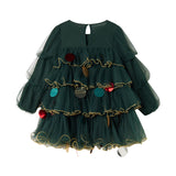 Dark green tulle dress for children with gold chain decoration and colored pendants