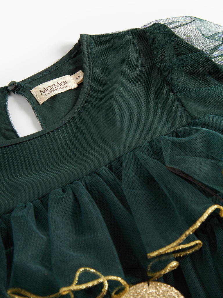 Dark green tulle dress for children with round neckline and layered tulle