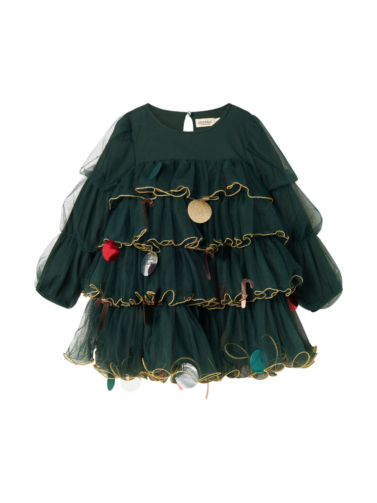 Dark green tulle dress for children with gold chain decoration and small pendants