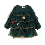 Dark green tulle dress for children with gold chain decoration and small pendants