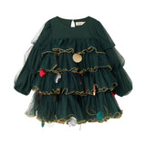 Dark green tulle dress for children with gold chain decoration and small pendants
