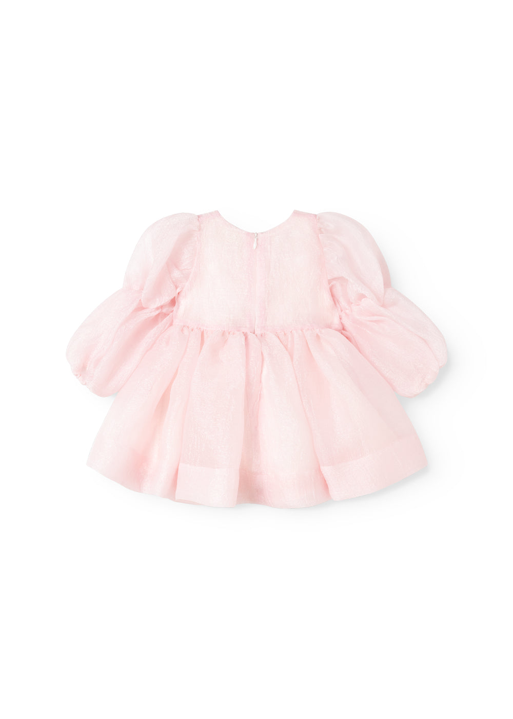 Pink baby dress with puff sleeves in tulle and gathered waist