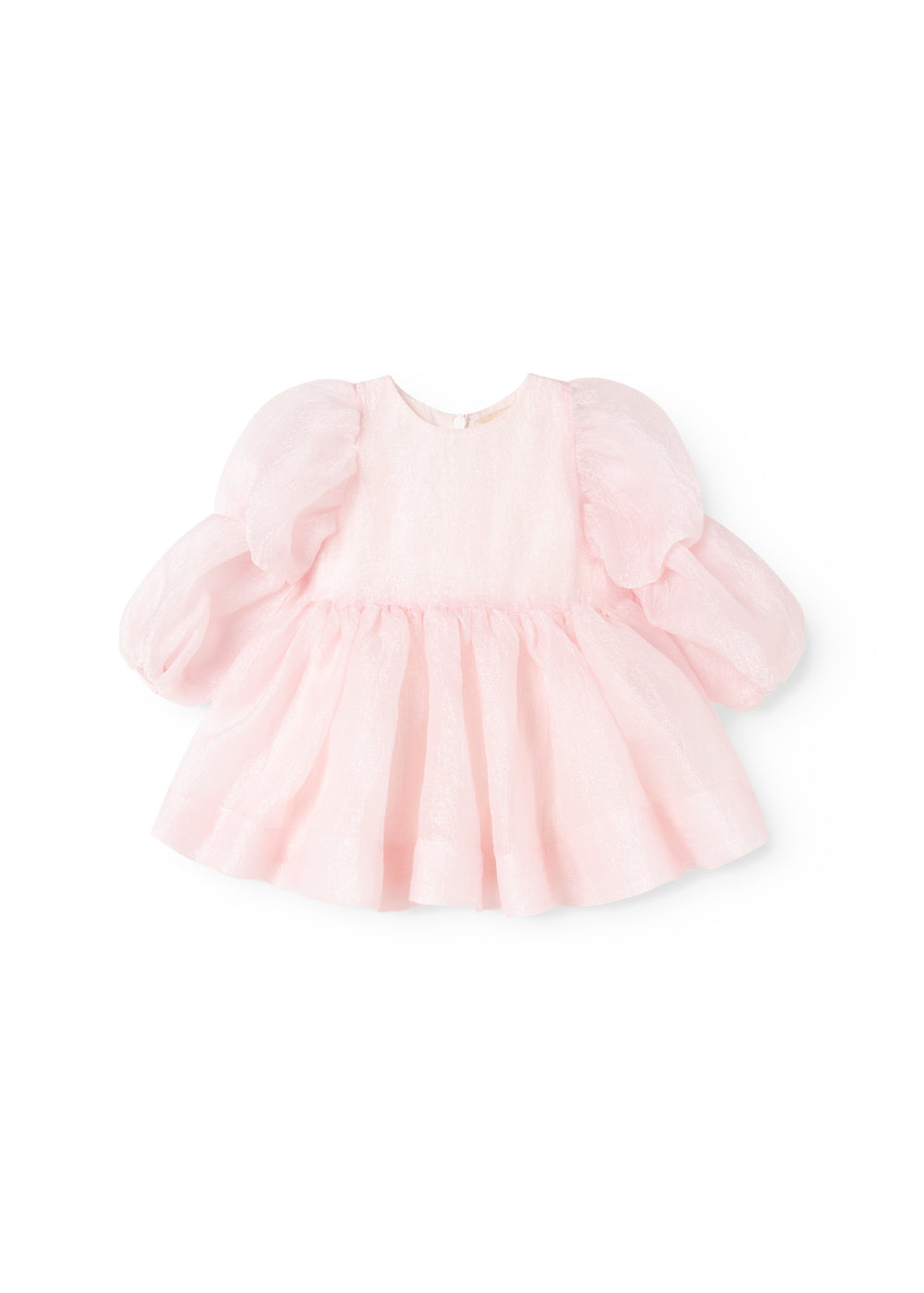 Pink baby dress with puff sleeves in tulle and gathered skirt