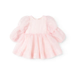 Pink baby dress with puff sleeves in tulle and gathered skirt