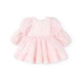 Pink baby dress with puff sleeves in tulle and gathered skirt