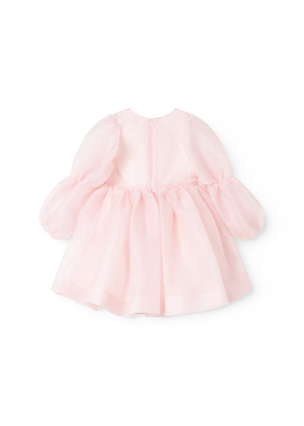 Pink dress with round neckline, tulle sleeves and ruffled waist
