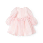 Pink dress with round neckline, tulle sleeves and ruffled waist