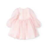 Pink dress with round neckline, tulle sleeves and ruffled waist
