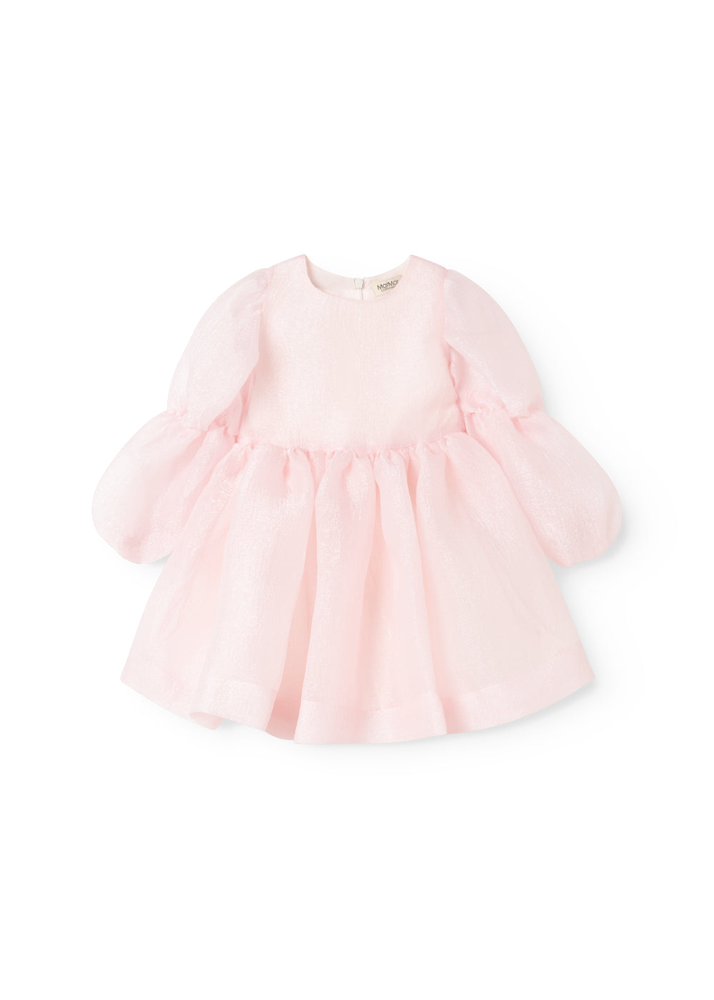Pink dress with tulle sleeves and ruffle at the waist