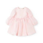 Pink dress with tulle sleeves and ruffle at the waist