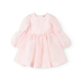 Pink dress with tulle sleeves and ruffle at the waist