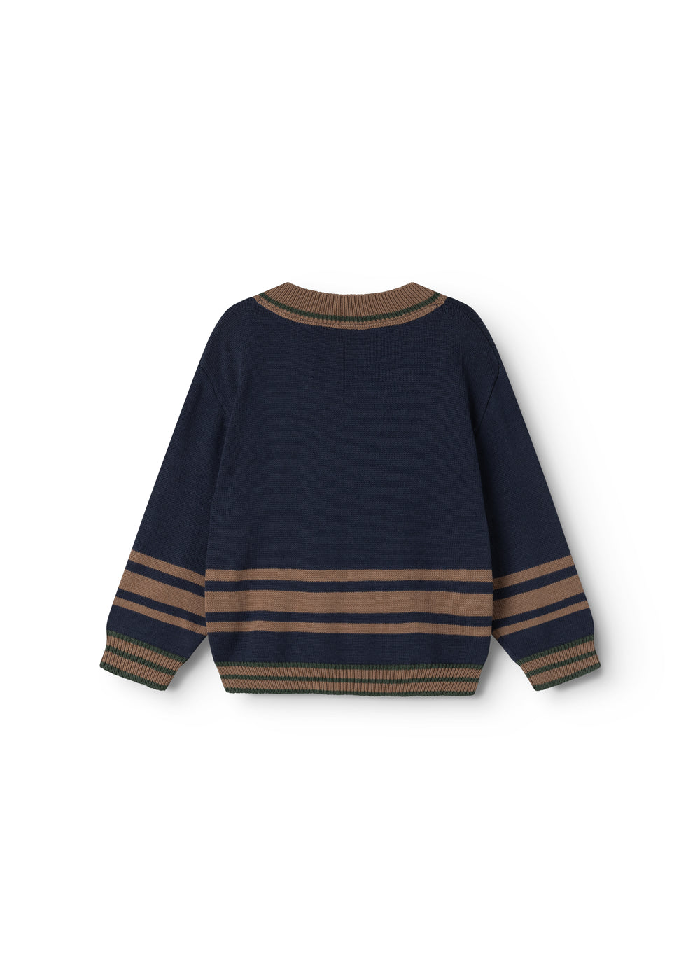 Children's knitted sweater in dark blue with a round neckline and a stripe across the chest.