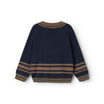 Children's knitted sweater in dark blue with a round neckline and a stripe across the chest.