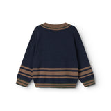 Children's knitted sweater in dark blue with a round neckline and a stripe across the chest.