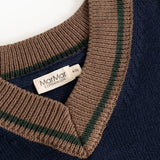 Dark blue V-neck knit sweater with brown stripes and 'MarMar Copenhagen' label.
