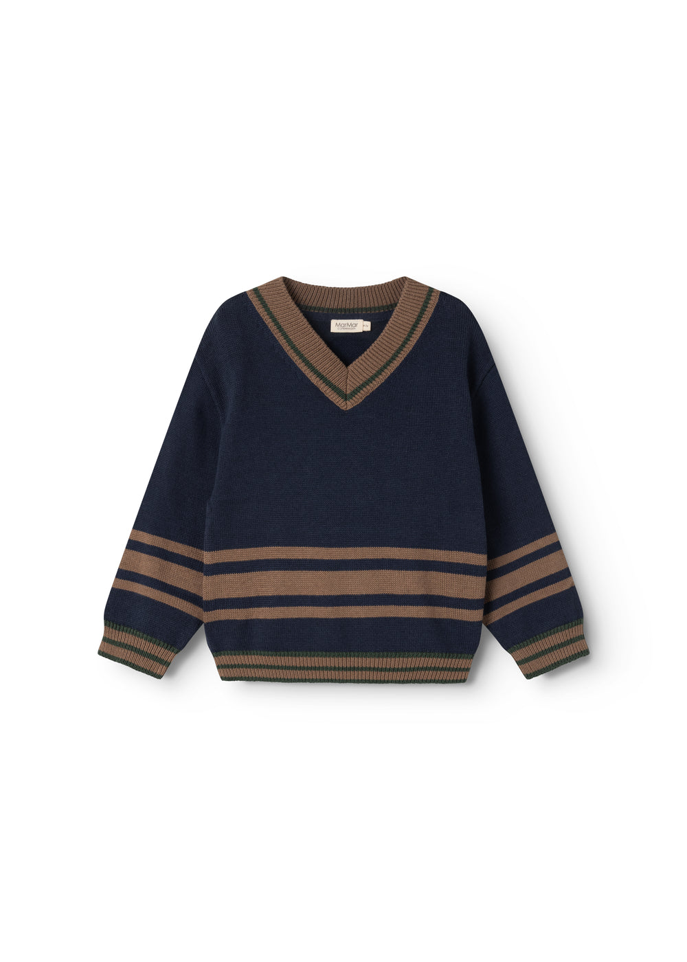 Children's knitted sweater in dark blue with V-neck and stripes in brown, blue and green.