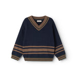 Children's knitted sweater in dark blue with V-neck and stripes in brown, blue and green.