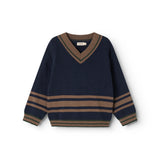 Children's knitted sweater in dark blue with V-neck and stripes in brown, blue and green.