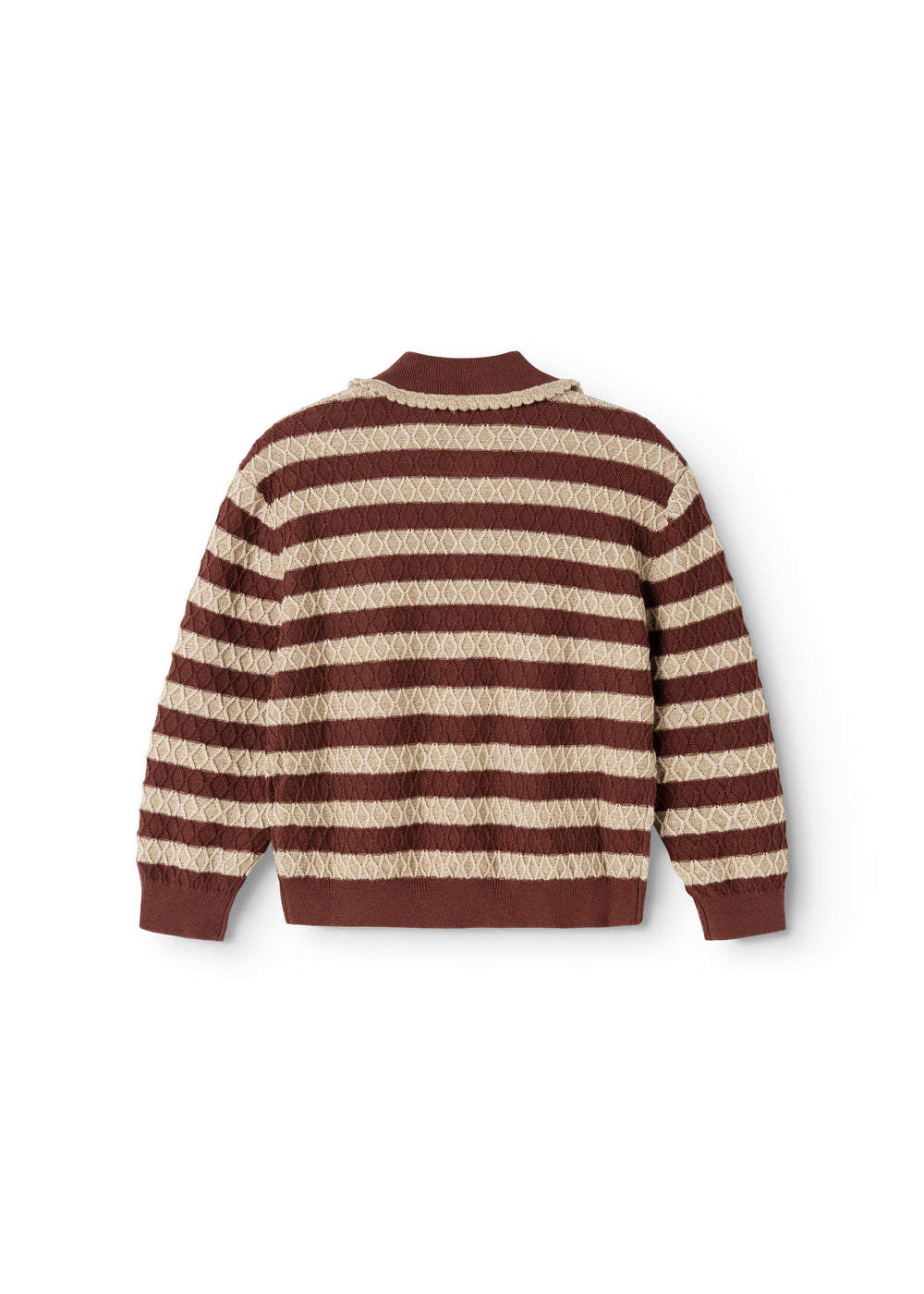 Knitted sweater with brown-red and cream stripes, round neck and long sleeves