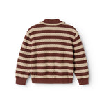 Knitted sweater with brown-red and cream stripes, round neck and long sleeves