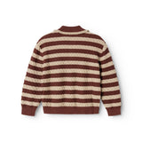 Knitted sweater with brown-red and cream stripes, round neck and long sleeves