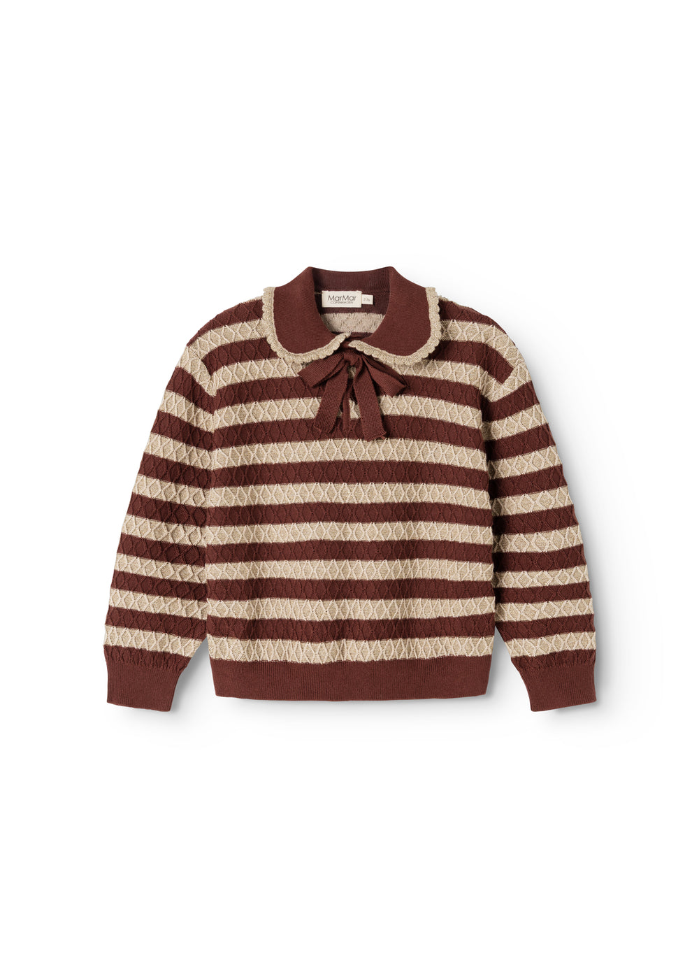 Knitted sweater with brown-red and cream stripes and bow at the neckline