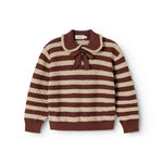 Knitted sweater with brown-red and cream stripes and bow at the neckline