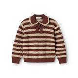 Knitted sweater with brown-red and cream stripes and bow at the neckline