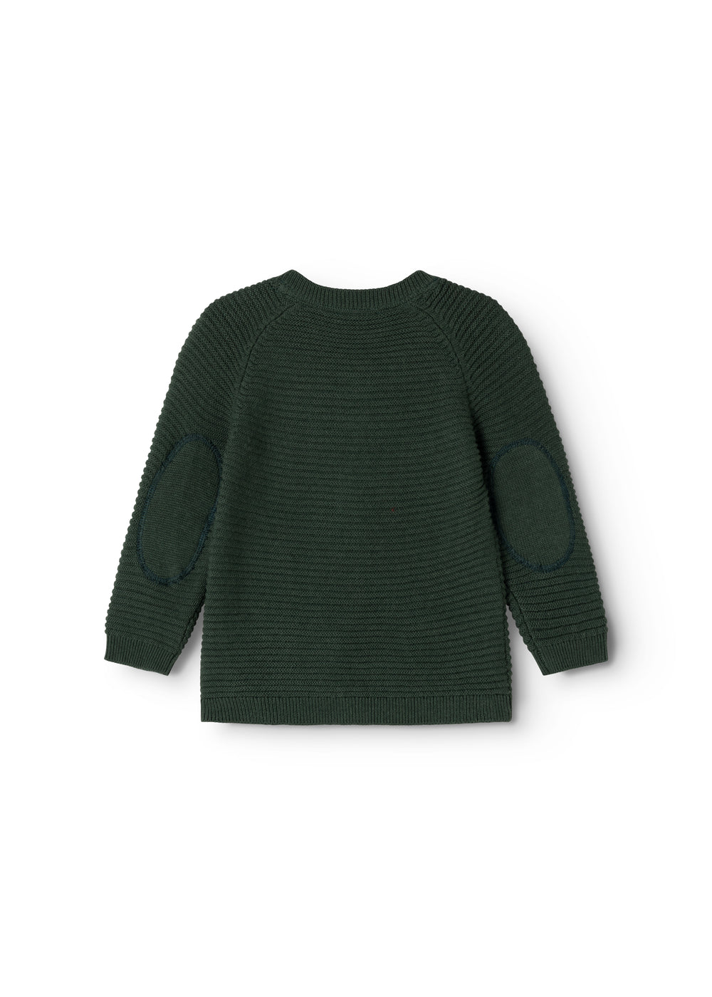 Dark green knitted cardigan seen from the back with long sleeves