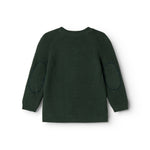 Dark green knitted cardigan seen from the back with long sleeves