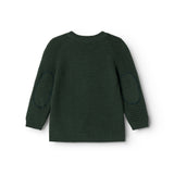 Dark green knitted cardigan seen from the back with long sleeves