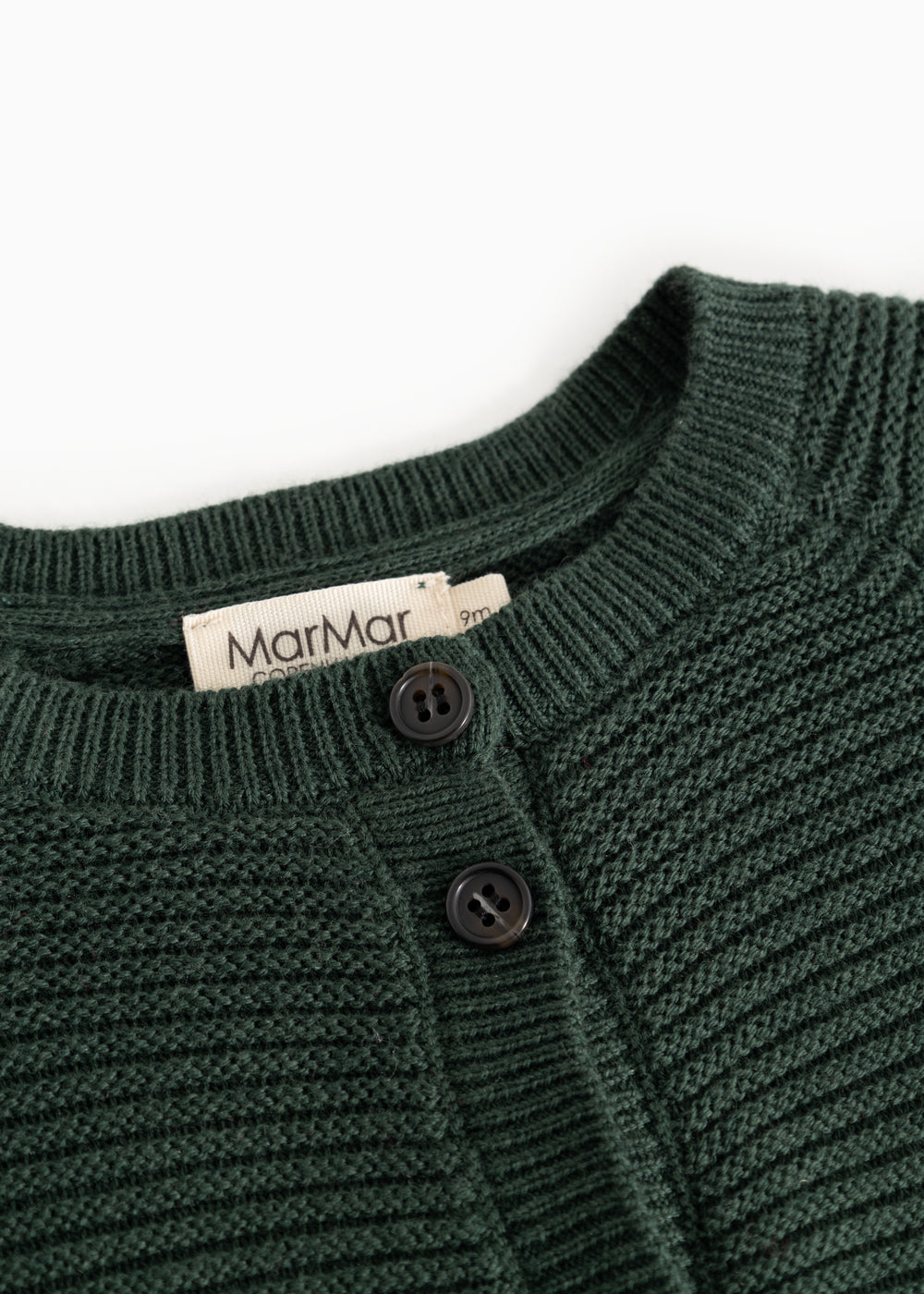 Dark green knitted cardigan with collar and button closure, featuring MarMar label