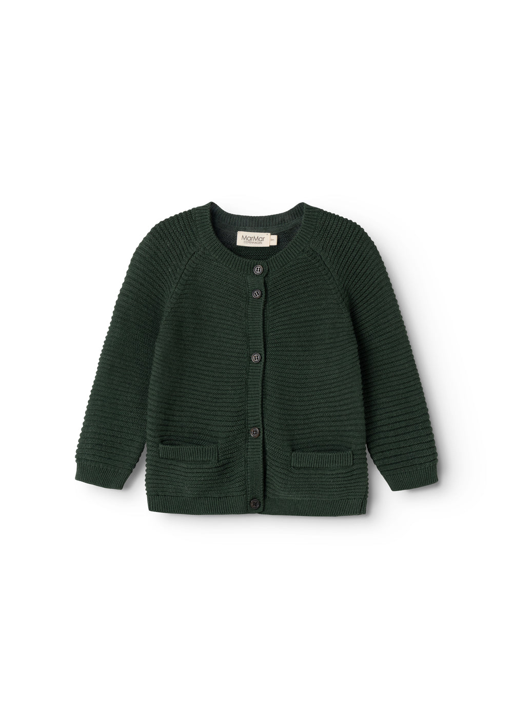 Dark green knitted cardigan with buttons and two front pockets