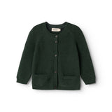 Dark green knitted cardigan with buttons and two front pockets