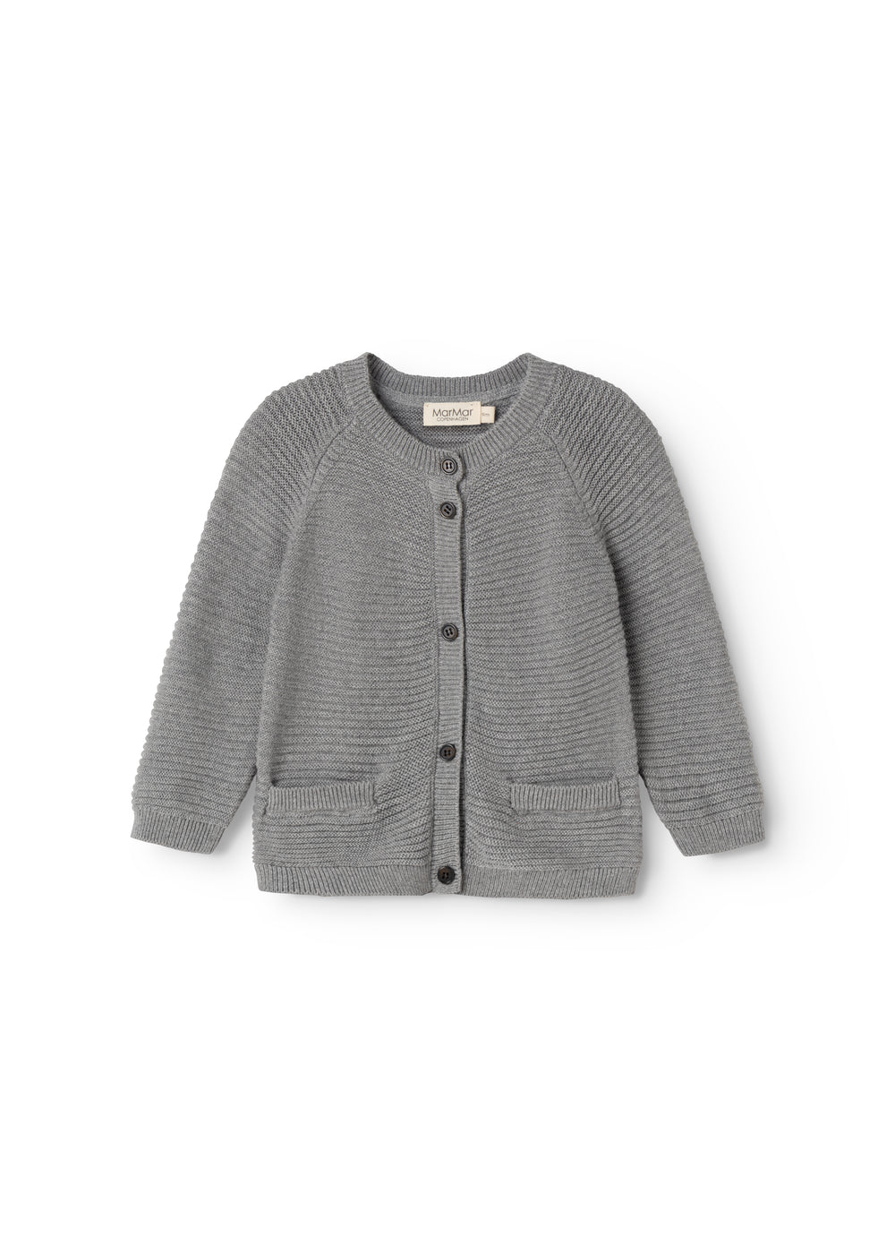Gray knitted baby cardigan with button closure and two pockets