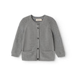 Gray knitted baby cardigan with button closure and two pockets