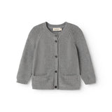 Gray knitted baby cardigan with button closure and two pockets