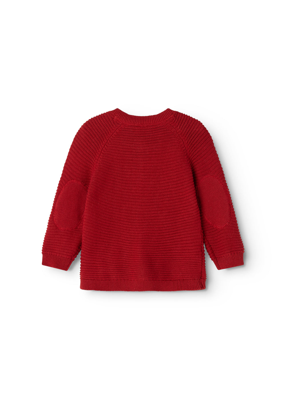 Red knitted cardigan with round neck and ribbed cuffs