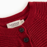 Red knitted cardigan with buttons at the front and MarMar label at the neckline