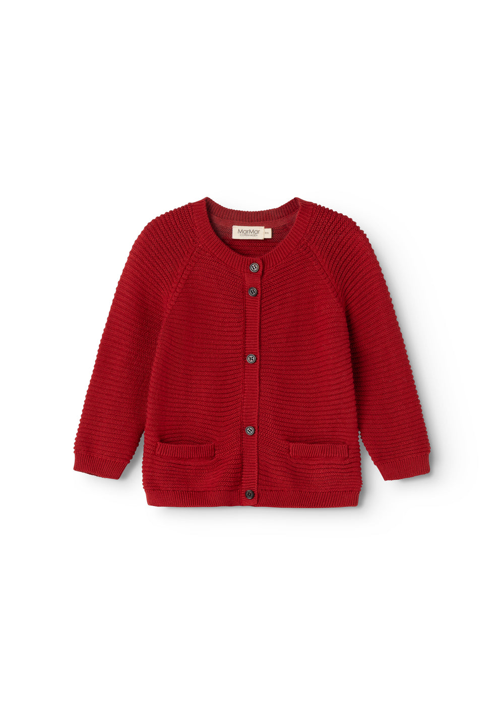 Red knitted cardigan with front buttons and two pockets