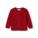 Red knitted cardigan with front buttons and two pockets