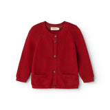 Red knitted cardigan with front buttons and two pockets
